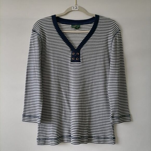 Lauren Ralph Lauren Womens Blue White Striped Eyelets Placket Blouse Top Sz XL - Picture 1 of 7